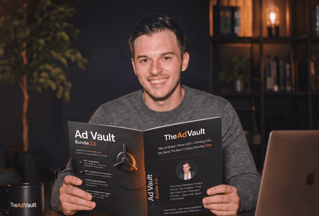 Stewart reading TheAdVault — the weekly newsletter with three winning ads broken down