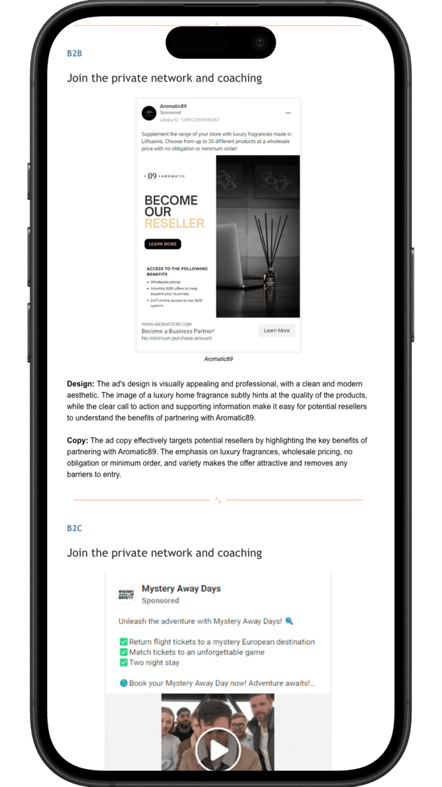 TheAdVault newsletter on a phone - three winning ads broken down